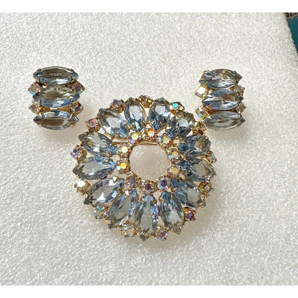 Juliana blue and AB Rhinestone Pin & Earrings Set